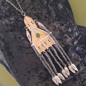 Tekke Turkman 1800's Gold Wash Pendant Necklace with Green and Red Stone & Glass